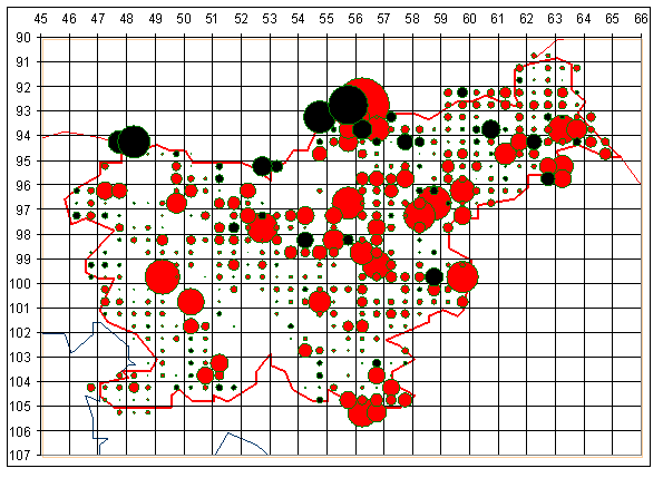 Change in the share of invasive species in flora sectors (35 km<sup>2</sup>) between 1987–1996 and 1997–2006 (red indicates increase, black decrease)