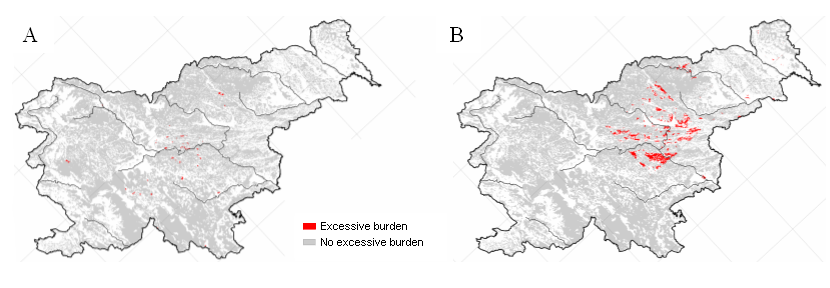 Excessive burdens on forest ecosystems of nitrogen, causing eutrophication (A) and with nitrogen compounds and sulphur, causing acidification (B)